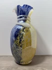 Murano Glass Vase Blue, Red, Yellow & White Swirl Hand Blown Ruffle Top 13” X 7”