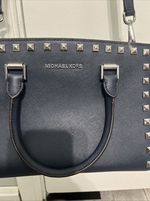 Michael Kors Original Selma Stud Medium Leather Satchel Bag Navy Blue BNWT