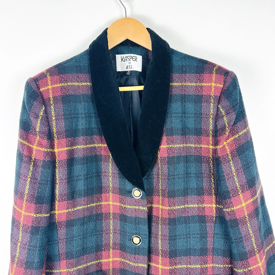 Blazer de Colección Kasper ASL Lana a Cuadros Talla 16 Terciopelo Chal Cuello Botones Dorados Academia Foto 3 de 4