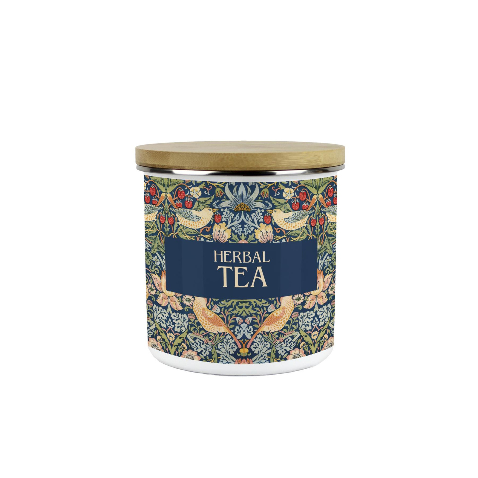 Strawberry Thief Herbal Tea Storage Canister - Medium Enamel & Bamboo Container
