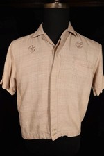 Vintage 1950's Brown Embroidered Rayon Gabardine Hawaiian Shirt Size Small