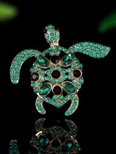 Green Rhinestone Sea Turtle Brooch Crystal Turtle Pin Gold Tone Ocean Jewellery