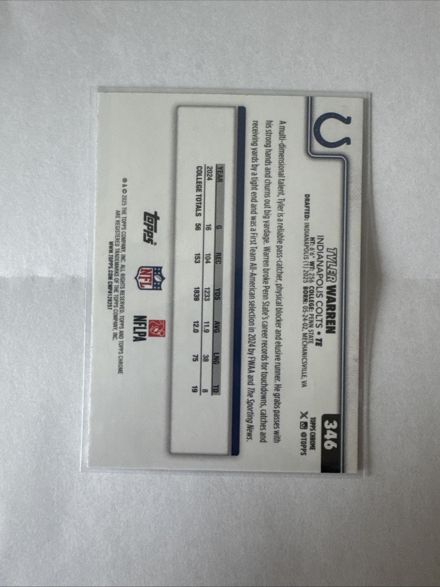 2025 Topps Chrome NFL Tyler Warren Football Refractor Exclusive