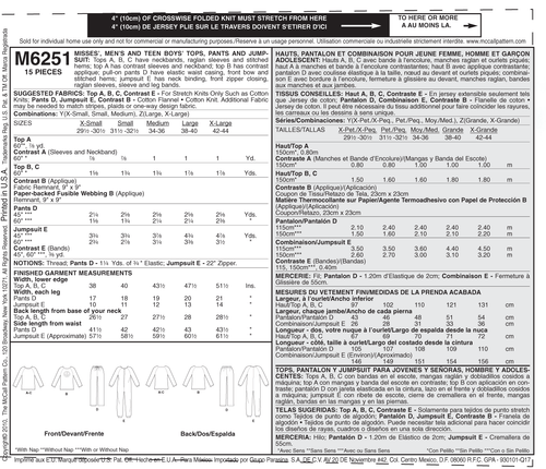 McCalls Easy SEWING PATTERN M6251 Misses/Mens/Teen Boys Tops,Pants & Jumpsuit - Picture 5 of 5