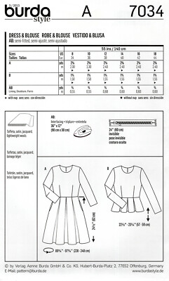 Burda Style Pattern B7034 Women's Dress & Blouse - Size 8-18 Burda Style Pattern B7034 Women's Dress & Blouse - Size 8-18