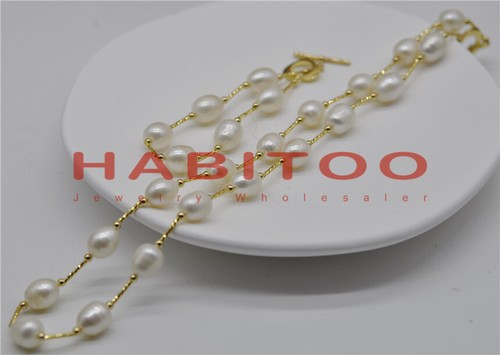 White 11-13MM Drip Freshwater Pearl Tin Cup Necklace Bracelet 14KGP - Bild 2 von 2