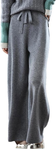 New 100% Merino Knit Wide Leg Pants Long Drawstring, Gray M - Picture 8 of 9