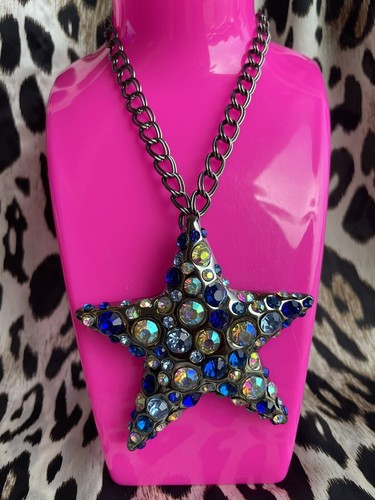 Betsey Johnson Heavenly Creatures HUGE Chrome Silver Lucite Blue Star Necklace