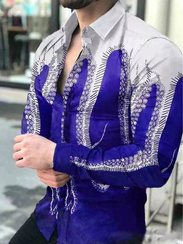 Camisa Botones Hombre Antiguo Gr fico Fiesta Manga Larga Azul Blanco Moda Camisa