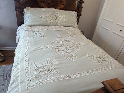 Antique Vintage 1900's Tape Lace Net Mesh Bedspread Coverlet
