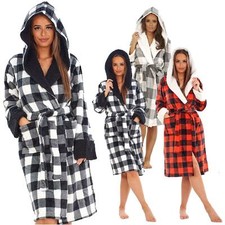 Ladies Luxury Flannel Buffalo Check Thick Sherpa Borg Fleece Trim Gown Bathrobe 