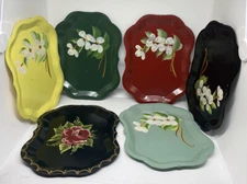 Vintage Hand Painted Toleware Tip Trays Set of 6 W/ Some Wear