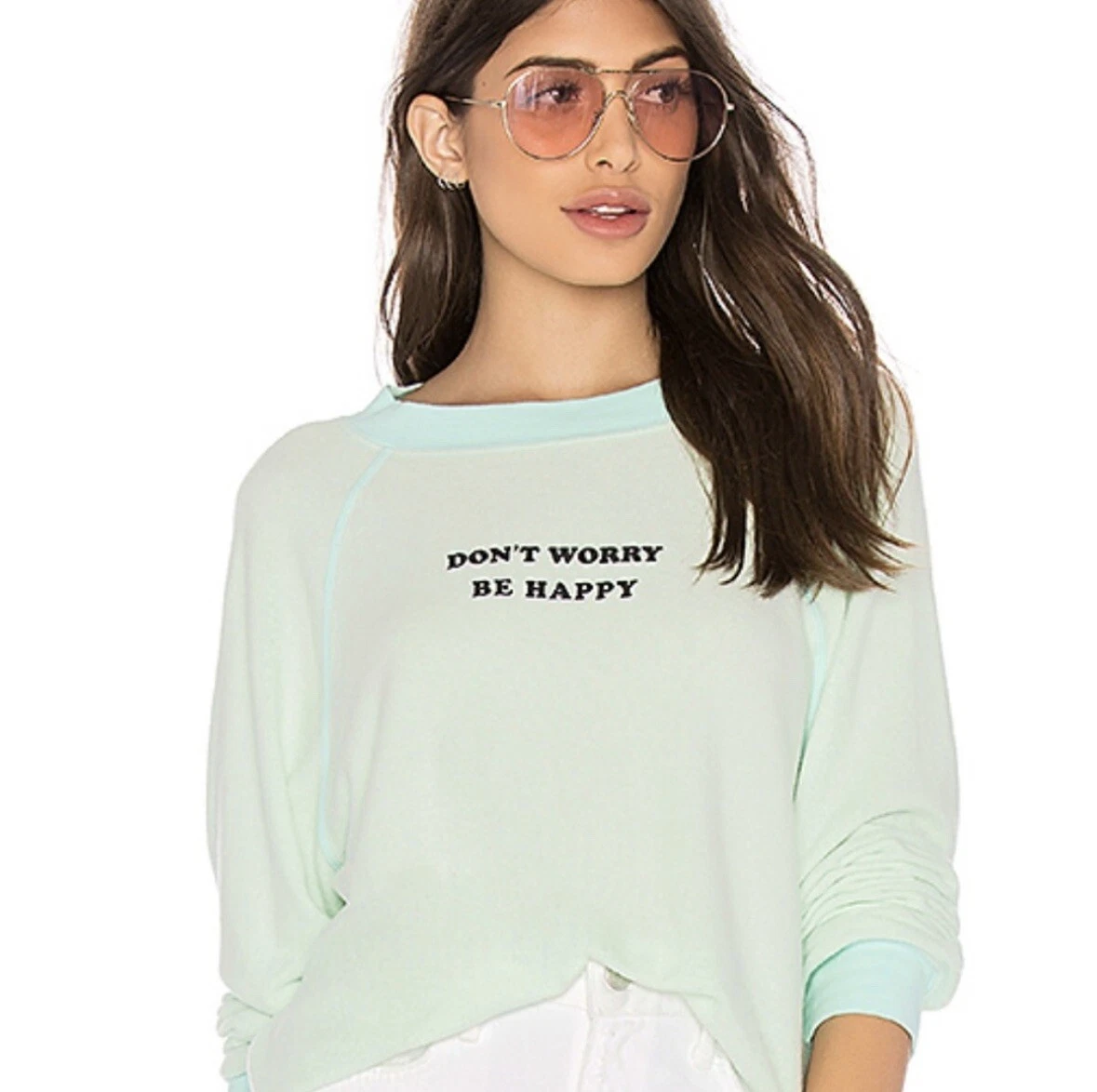 Wildfox Baggy Beach Jumper Dont Worry Be Happy Crewneck Sweatshirt Size  Small | eBay