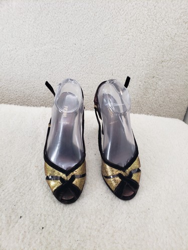 Fendi Women Sandals 37 Gold Glitter Open Toe Ankle Platform Heel Shoes US6 - Picture 2 of 19