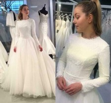 Modest Muslim Wedding Dress Lace Tulle Bridal Gown with Long Sleeves Custom Size