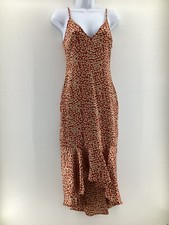 Pretty Little Thing Womens Dress Size 8 Red Beige Leopard Spot Strappy V Neck 