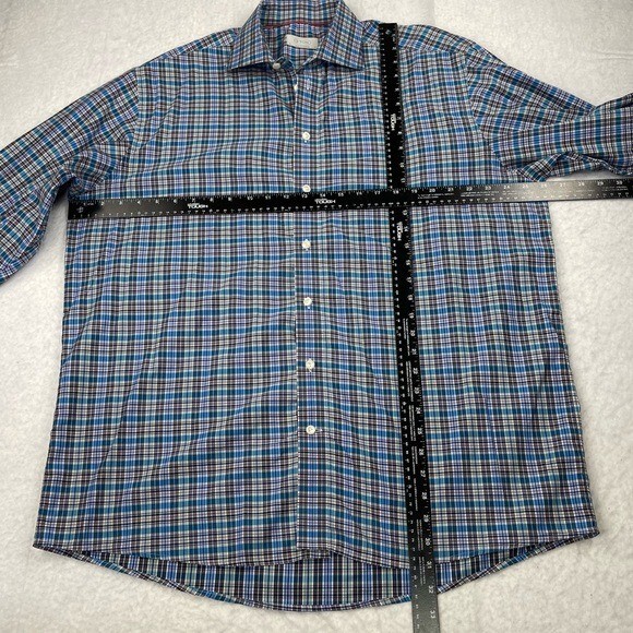 Eton Shirt Mens 43 17 Blue Purple Green Plaid Button Down York 100% Cotton