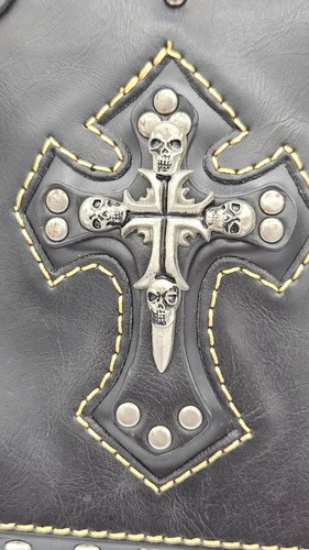 VINTAGE SOUL OF THE ROSE BLACK LEATHER HANDMADE Purse Shoulder Bag SKULL CROSS - Picture 3 of 23