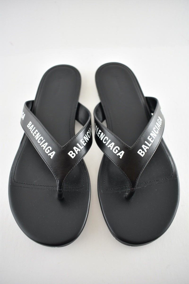 Balenciaga Black White Leather Logo Thong Slide Slip On 