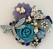 Moving Dragon Fly and Butterfly Pin Multi Colored Gems Silvertone HANDMADE OOAK