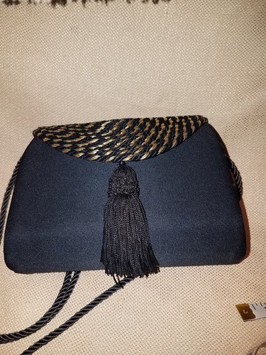 Vintage Inspired Small Black Tassel Evening Bag Satin Finish - Picture 9 of 9