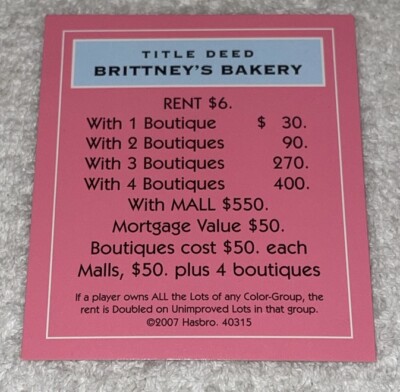 Vtg Monopoly Barbie Boutique Ed. 2007 Replacement Pc Brittney s Bakery Card