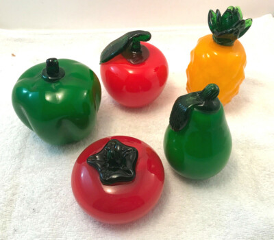 5 VTG Fruit Veggie Blown Art Glass Pineapple Pepper Pear Tomato Apple Decor Lot
