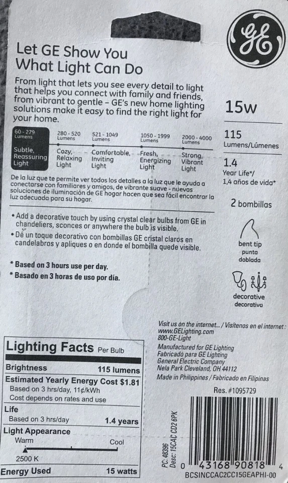 GE 48396 2 Pack Crystal Clear Bent Tip 15 Watt Decorative Candelabra Light Bulbs - Image 4 of 4