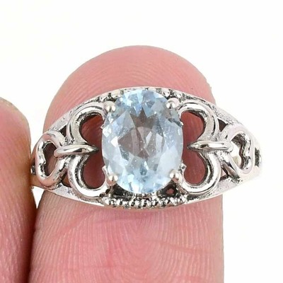 Schweizer Blautopas Edelstein 925 Silber Art Deco Cluster Neu Geburtstag Ring Gr. 7,5