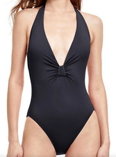 NEW GOTTEX BLACK CLASSIC LIV DEEP PLUNGE HALTER ONE PIECE SWIMSUIT SZ 12