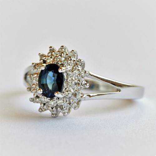 Natural Sapphire and 28 Diamonds in 9K White Gold Ring Size Q Gift Boxed NEW - Picture 5 of 13