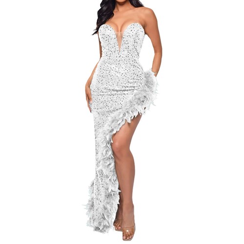 Ladies Evening Dress Tube Top Backless Side Slit Sexy Sequin Feather Gown 1920s - Picture 61 of 66