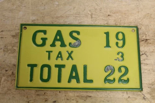 Vintage 1920s Gasoline Pump Price Sign Embossed Metal Gas 19 Tax 3 Total 22