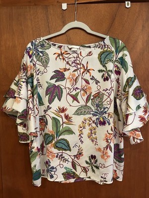 H&M Floral Botanical Print Blouse Bell Ruffle Sleeves Size 10 