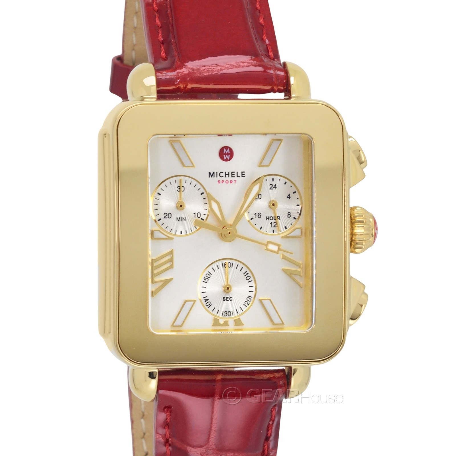 MICHELE Deco Sport Women 18k Gold Plated Watch Chronograph Dial Ruby Red Leather