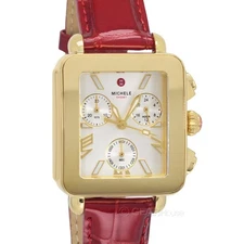 MICHELE Deco Sport Women 18k Gold Plated Watch Chronograph Dial Ruby Red Leather