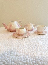 6 Pc Porcelain Miniature Tea Pot Set, pink and white with scalloped edges