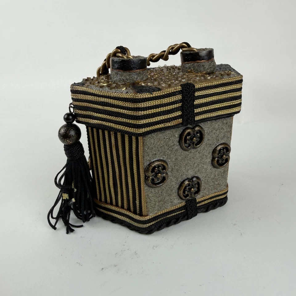 Mary Frances Handbag Womens Black Gold Embellished Beaded Box Tassel VINTAGE - Image 3 of 4