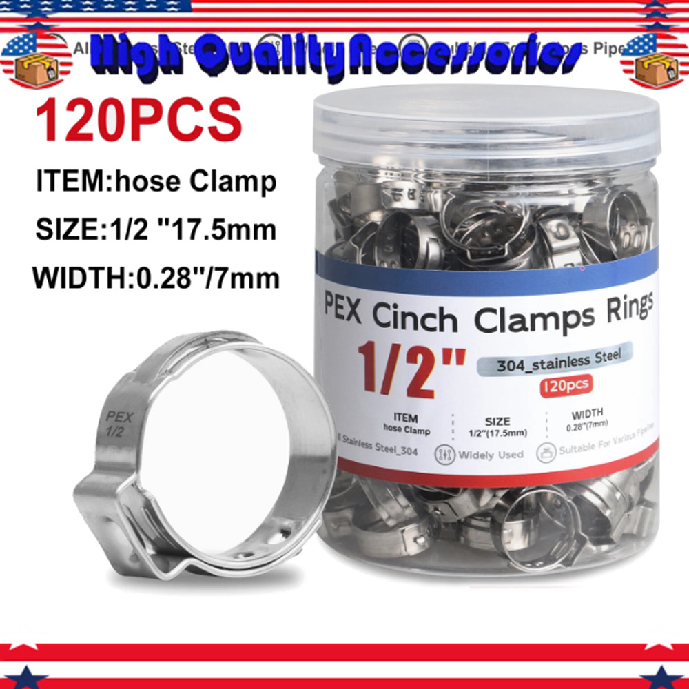 1/2" PEX Stainless Steel Clamp Cinch Rings Crimp Pinch Fitting 120Pcs