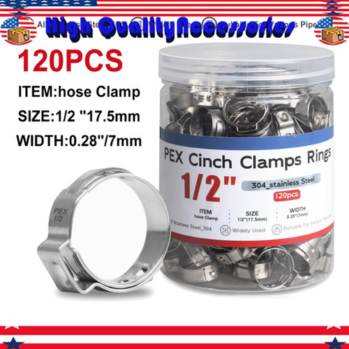 1/2" PEX Stainless Steel Clamp Cinch Rings Crimp Pinch Fitting 120Pcs