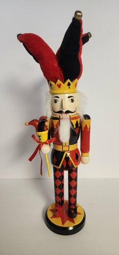 Joker Nutcracker 15.5 in Wood Fur Bells Velvet Fabric Reb Black Card Suits