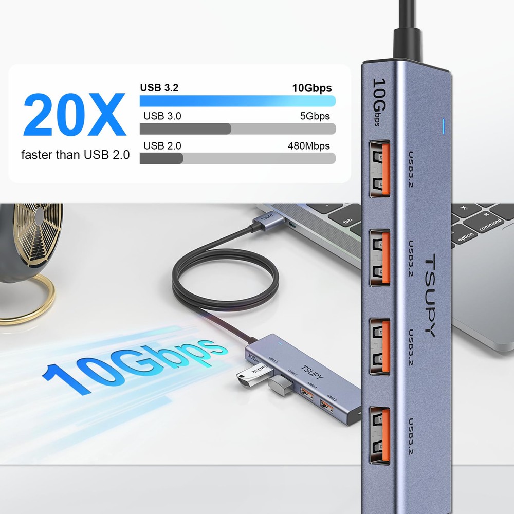 High-Speed USB 3.2 Hub - 4-Port 10Gbps Splitter with 4ft Cable