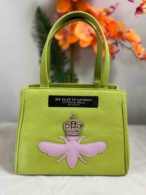 MY FLAT IN LONDON Rhinestone Queen Bee Green Canvas Top Handle Carry Bag