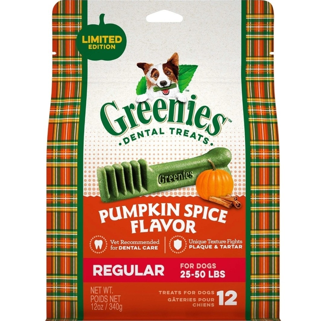 NEW Greenies Pumpkin Spice Dental Care Dog Treats 12 Count for Fresh Breath