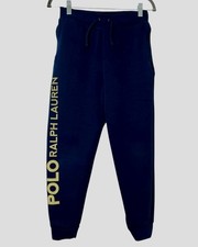 Polo Ralph Lauren Kids Navy Gold Logo Double Knit Fleece Jogger Sweatpants Med