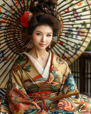 8x10 Art Print Holding Kimono Umbrella Woman - 31396837