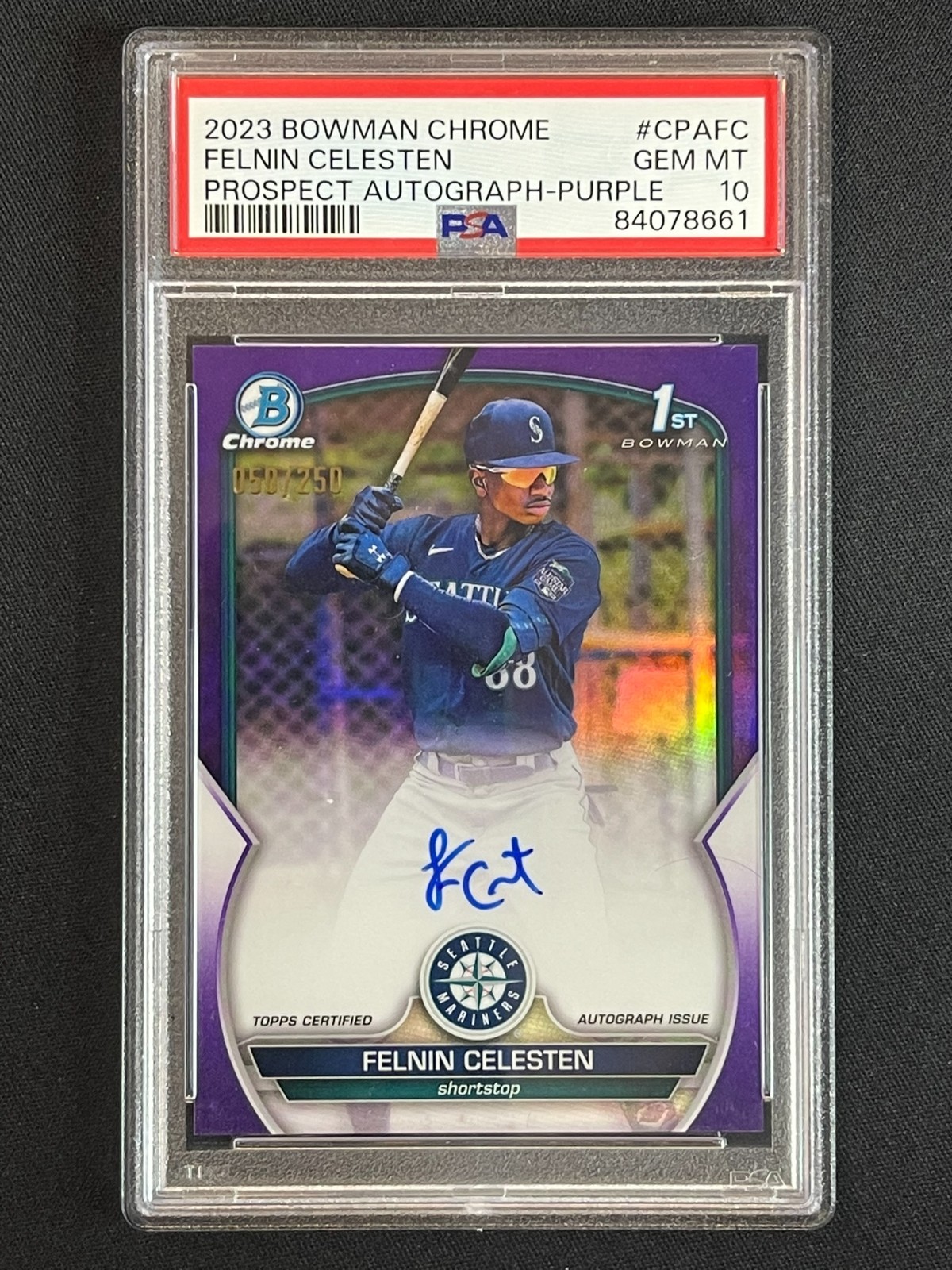 PSA 10 FELNIN CELESTEN /250 PURPLE 1ST ON CARD AUTO AUTOGRAPH 2023 BOWMAN CHROME