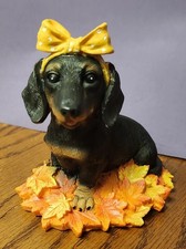 Halloween Dachshund Dog Figurine Fall Autumn Leaves Bow Headband Statue NEW
