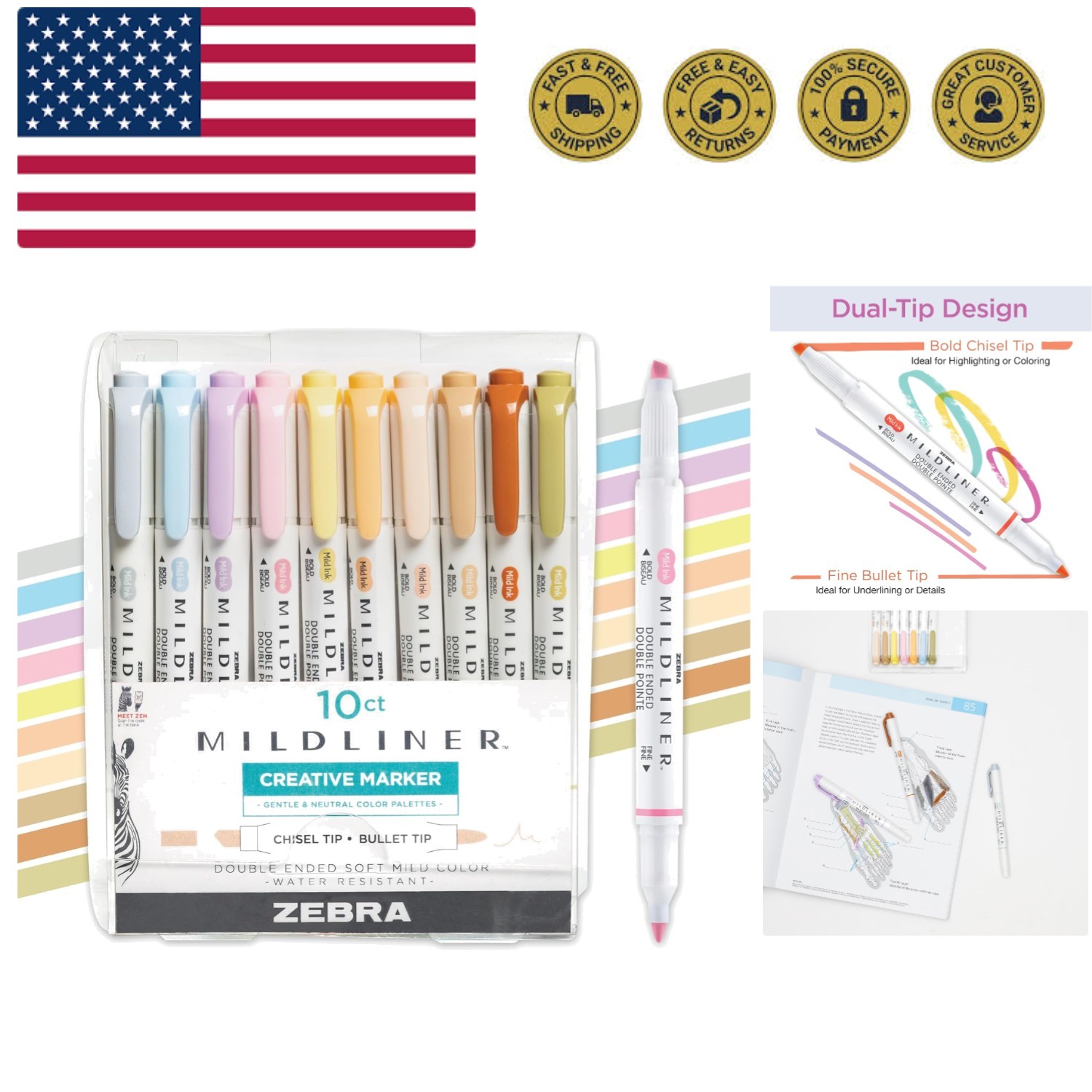 Mildliner Dual-Tip Highlighter Marker Set, Broad and Fine Point Tips, No Blee...