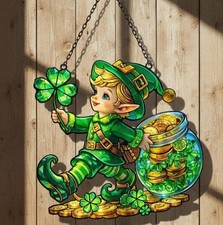 Leprechaun Shamrock Stain Acrylic Suncatcher, St Patrick s Day Irish Window Hang